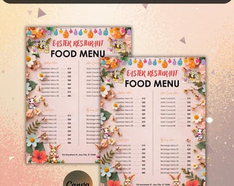 Påskmenymall redigerbar i Canva, kaninmenykort för påskbrunch, rosa blommig boho påskmiddagsmeny, utskrivbart påskmenykort