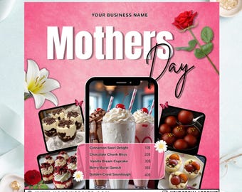 Mall för bageri för mors dag, redigerbar Canvas-flyer för bakförsäljning, prislista för dessert, marknadsföringsaffisch för konditori, direktnedladdning