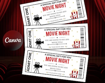 Redigerbar mall för filmpresentbiljett, utskrivbart pass, överraskningsavslöjande med biotema för barn, redigerbar mall, personlig filmbiljett