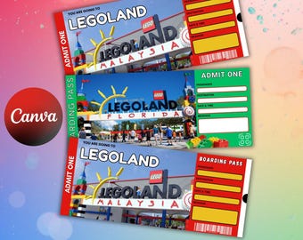 Redigerbar Legoland-biljett, presentkort för temapark, boardingkort för barns födelsedag, överraskningsbiljett, redigerbar mall, direktnedladdning