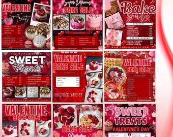 Alla hjärtans dag-bageriflyerspaket, mall för prislista för bageri, flygblad med sötsaker i februari, flygblad med desserter för alla hjärtans dag, redigerbar canvas