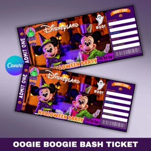 May include: Two rectangular Disneyland Halloween Party tickets featuring Minnie Mouse in a witch hat and Mickey Mouse in a top hat. The purple and orange design includes the text Admit One, Oogie Boogie Bash, and blank fields for guest details.