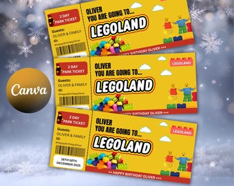 Boleto de regalo de Legoland editable y boleto de viaje sorpresa personalizado. Revelación de viaje sorpresa imprimible, vale de regalo para parque temático, edición de Canva.