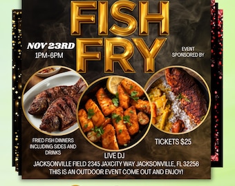 Flyer för fiskfritering - Inbjudan och menymall för fiskfritering i trädgården - Redigerbar cateringflyerdesign