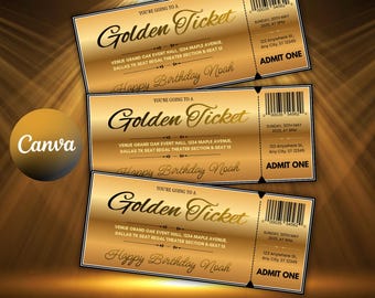 Mall för gyllene biljett – redigerbar utskrivbar biljett, anpassad kupong för galabiljett, inbjudan till födelsedags- och högtidsfest.
