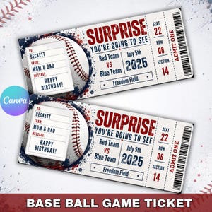 Puede incluir: Dos boletos rectangulares para un partido de béisbol con un gráfico de una pelota de béisbol blanca con costuras rojas. El texto dice: SURPRISE YOU'RE GOING TO SEE, Red Team VS Blue Team, July 5th 2025, Freedom Field, Seat 22, Row 06, Section 14, ADMIT ONE.