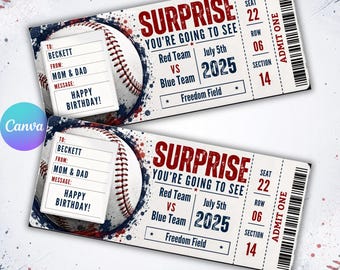 Editable Baseball Game Ticket, Printable Surprise Voucher, Baseball Gift Certificate, Father's Day Canva Template