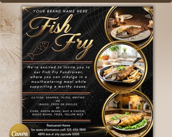 Mall för fiskflingor, redigerbar Canva-flyer för insamlingsevenemang för kyrka, grillfest och skaldjursmiddag