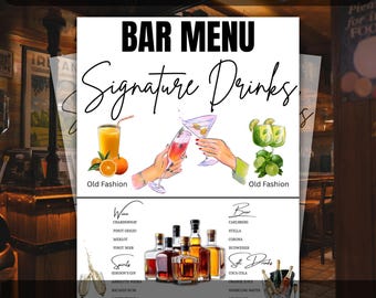 Mall för barmeny, redigerbar canvasmeny för drycker, cocktail- och bröllopsskylt för bar, meny för café, juice, vattenpipa, utskrivbar festmeny