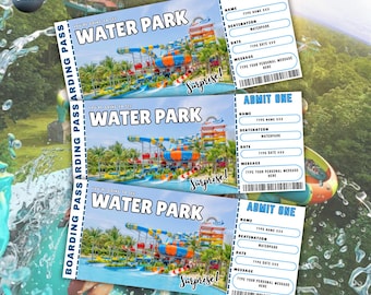 Mall för vattenparksbiljett, inbjudningsbiljett till temapark, överraskningspresent till vattenpark, present till barnupplevelse, redigerbar Canvas-mall