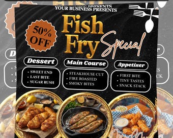 Mall för fiskflingor, redigerbar Canva-flyer för insamlingsevenemang för kyrka, grillfest och skaldjursmiddag