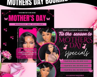 Canva-mall för bokningsflyer för mors dag | Flyer för peruker, flätor och smink | Glad mors dag i maj | Digital nedladdning
