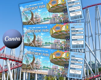 Redigerbar biljett till nöjespark, avslöjning av familjesemester, utskrivbart parkinträdeskort, presentkort för överraskningsresa, digital fil