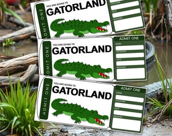 Gatorland-biljettmall, överraskningsbiljett till temapark, redigerbar Canva-reseavslöjning, födelsedagspresentkort, utskrivbart boardingkort