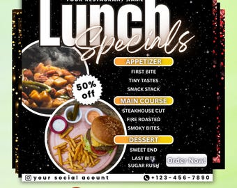 Lunch- och middagserbjudanden, restaurangmenymall, redigerbar matflyer, måltidserbjudanden, cateringkampanj, redigerbar Canva