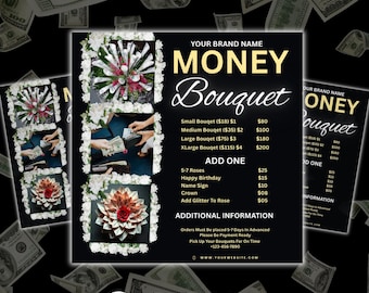Prislista för pengabukett, DIY-flyermalldesign, företagsprislista, redigerbar prislista Canva-mall, direkt/digital nedladdning