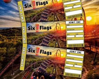 Six Flags-biljettmall, överraskningsbiljett för avslöjande, presentkort för temapark, födelsedagsbiljett, utskrivbart boardingkort, redigerbar canvas