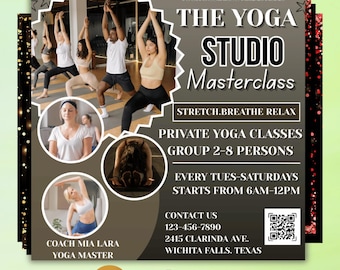 Mall för yogaklassflyer – utskrivbar redigerbar wellnessflyer, Canva-design för studio, evenemang och företagsbruk, yogainstruktörsflyer