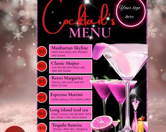 Cocktail Menu Flyer, DIY Flyer Template Design, Pink Menu Flyer, Bartender Flyer, Signature Drinks Sign, Premade Beverage Mixologist Flyer