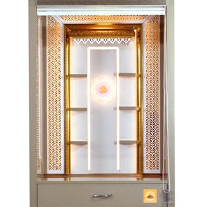 Templestudio presents Wooden Mandir with Floating Shelves Doors and Cabinet Storage with LED Lights