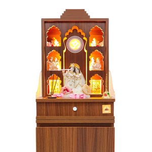 Templestudio presents Wooden Home Temple | Mandir for Home | Pooja Mandir | 6 Shelves, Extended Storage, Strip Lights