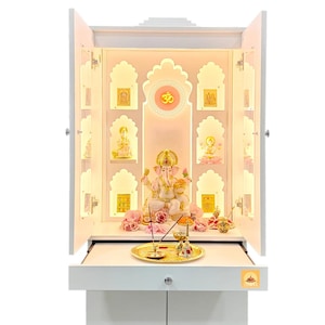 Templestudio presents Wooden Mandir with Floating Shelves Doors and Cabinet Storage in White gloss  Color with LED Lights