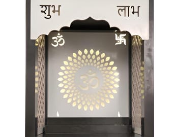 Modern Wooden Home Temple with LED Lights - White Puja Mandir