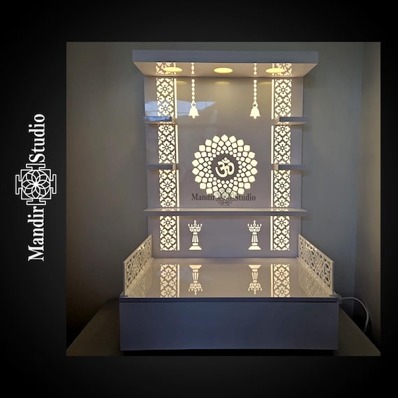 Templestudio presents Wooden Mandir in glossy white Color with LED Lights
