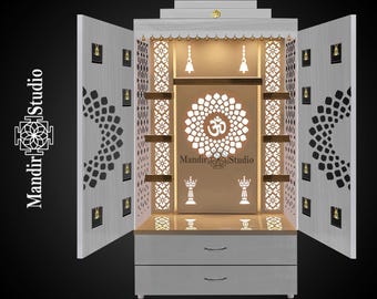 WHITE Wooden Temple with Doors: Pooja Mandir for Home