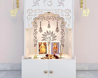 White Wooden Home Temple Mandir with LED Lights & Storage