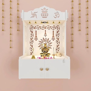 Templestudio presents Wooden Mandir for Home Forsty White With LED Lights