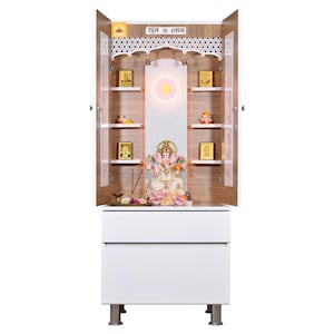Templestudio presents Wooden Mandir with Floating Shelves Doors and Cabinet Storage in White gloss  Color with LED Lights