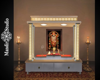 Weißer Piller Mandir mit LED-Licht Pooja Mandir für Zuhause und im Büro