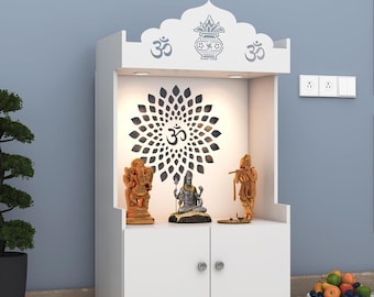 Modern Wooden Home Temple with LED Lights - White Puja Mandir