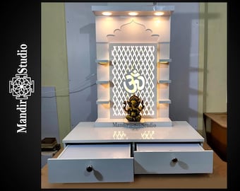 Weißer Mandir mit LED-Licht Pooja Mandir für Zuhause und im Büro