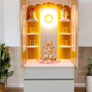 Templestudio presents Wooden Mandir with Floating Shelves Doors and Cabinet Storage in Pure White Matt Color with LED Lights