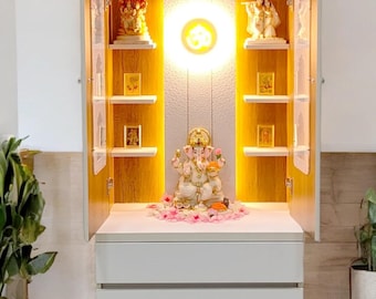 White Wooden Mandir with Floating Shelves, Doors, and LED Lights