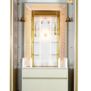 Templestudio presents Wooden Mandir with Floating Shelves Doors and Cabinet Storage in Pure White Matt Color with LED Lights