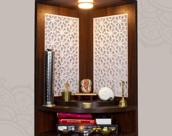 Templestudio presents Wooden Corner Mandir for Home Walnut Brown  With LED Lights