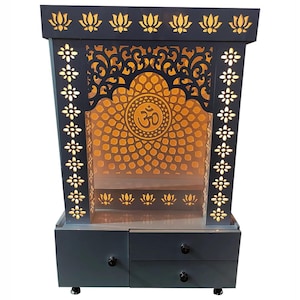 Templestudio presents Om Mandir with WPC Jali Pillar and Spacious Drawer Wooden Temple Mandir for Home  With LED Lights