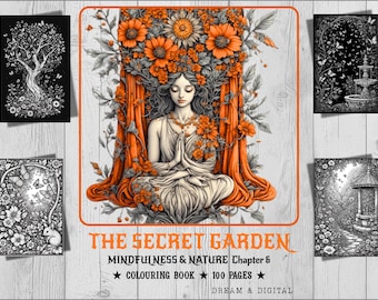 Op de afbeelding: Een kleurboek getiteld THE SECRET GARDEN MINDFULNESS & NATURE Chapter 6 100 PAGES DREAM & DIGITAL. De centrale afbeelding toont een mediterend persoon te midden van oranje bloemen en gordijnen, geflankeerd door vier zwart-wit illustraties.