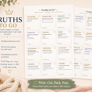 May include: Two white sheets of paper featuring Truths to Go scripture cards for children, organized in a grid with pastel-colored headers and black text. The left side displays the title, descriptive text, and icons, alongside a ceramic mug.