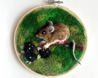 Whimsical Needle Felted Mouse in Embroidery Hoop Art Piece