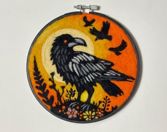 Needle Felted Raven Picture in Embroidery Hoop