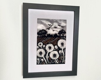 Whispers of Nature - Framed Needle Felted Linocut-Style Landscape with Dandelions