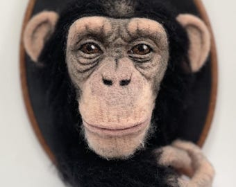Expressive Needle Felted Chimpanzee Wall Sculpture – Handcrafted Wool Portrait