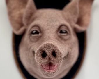 Realistic Needle Felted Pig Head Sculpture – Mounted Wool Art with Embroidery Hoop Frame