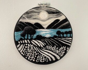 Monochromatic Serenity: Needle-Felted Landscape in Embroidery Hoop