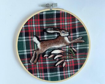 Leaping Hare Embroidery Hoop Art - Handcrafted Felted Delight