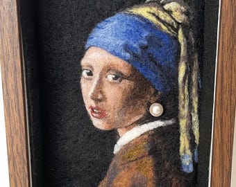 Needle Felted “Girl with a Pearl Earring” | Wool Painting in Shadow Box Frame